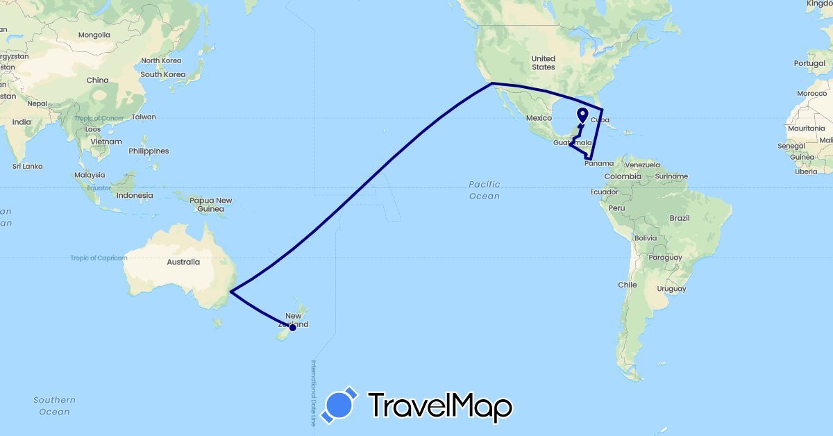 TravelMap itinerary: driving in Australia, Belize, Costa Rica, Guatemala, Mexico, Nicaragua, New Zealand, United States (North America, Oceania)